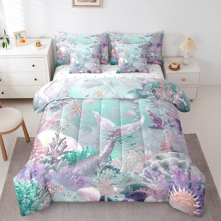 Ocean Comforter Set 7 Piece Bed in a Bag Twin,Sliver Purple Mermaid Tail Bedding Set Nautical Sea Animal Sheet Sets with Comforter Starfish Coral Bed Set,Dreamy Princess Room Decor