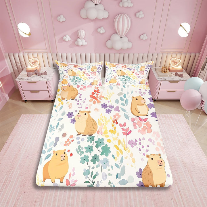 Cute Capybara Twin Bed&amp;nbsp;Sheets Set,Colorful Flower Capybara Kawaii Bedding Set for Kids Girls Boys,Rainbow Floral Leaf Sheets Cartoon Animal Print Fitted Sheet Set 3Pcs