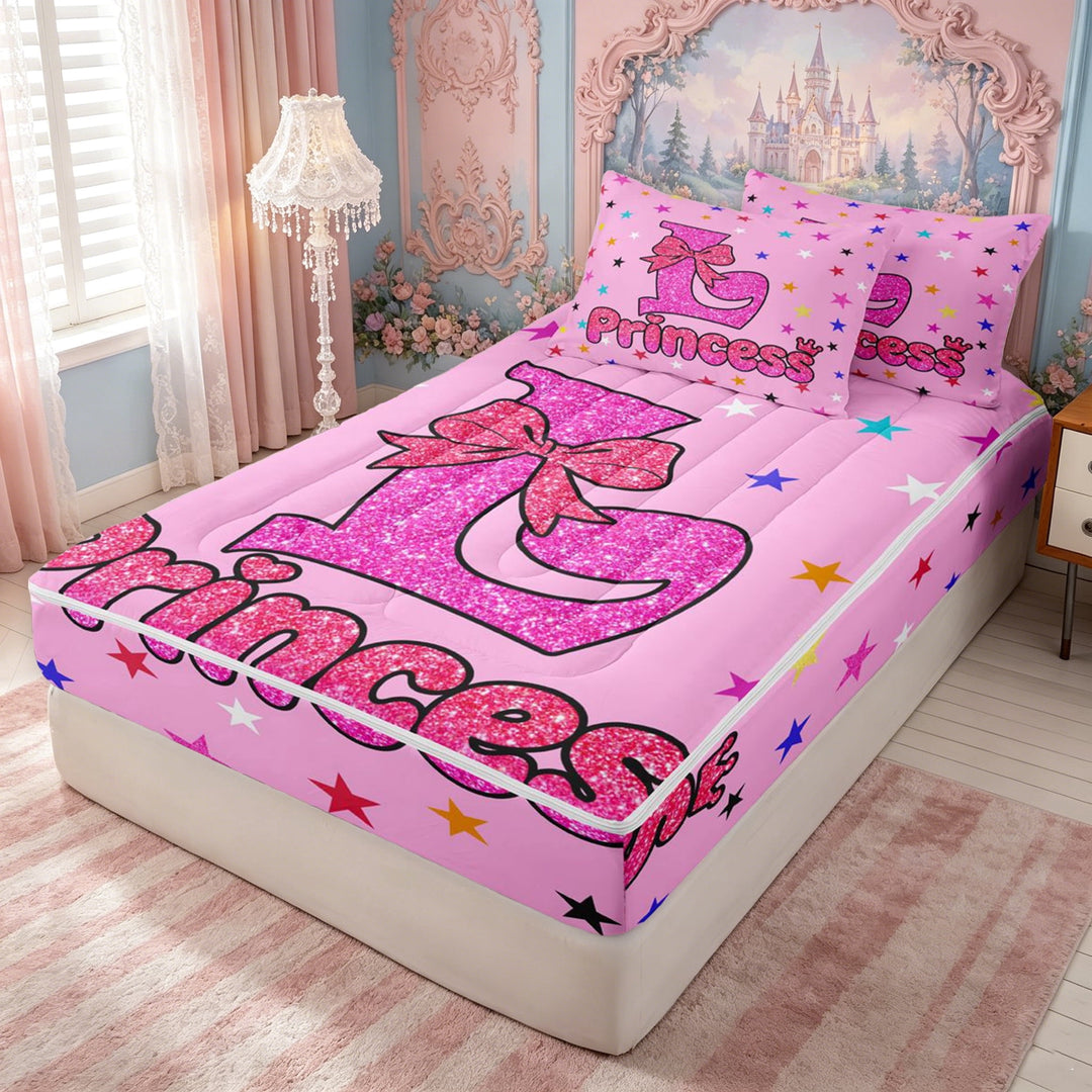 meiyoeat Dreamy Princess L Letter Zipper Twin Comforter Sets with Fitted Sheet and 2 Pillowcases for Girls, Kawaii Cartoon Stars Bow Zipper Bedding Set, Pink Reversible, 4-Piece