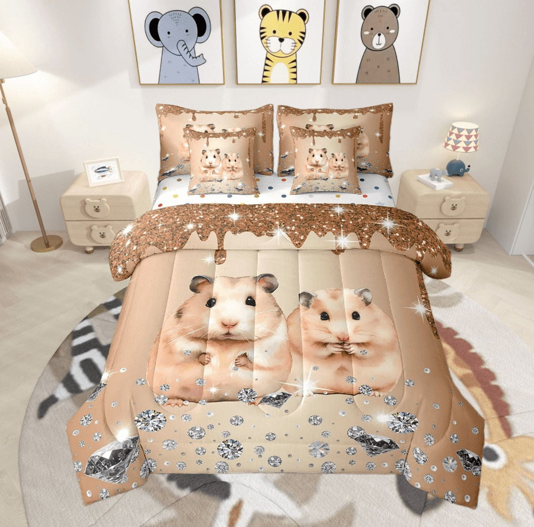 Hamster Comforter Set 7 Piece Bed in a Bag Twin,Brown Sequin Fluid Art Bedding Set,Crystal Diamond Comforter and Sheet Set Cute Animals Bed Set,Lovely Pet Kawaii Room Decor