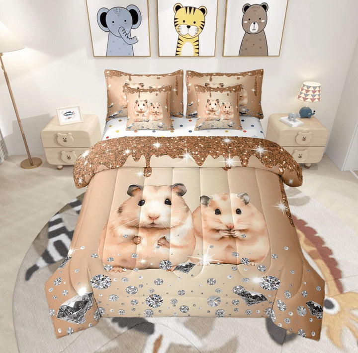 Hamster Comforter Set 7 Piece Bed in a Bag Twin,Brown Sequin Fluid Art Bedding Set,Crystal Diamond Comforter and Sheet Set Cute Animals Bed Set,Lovely Pet Kawaii Room Decor