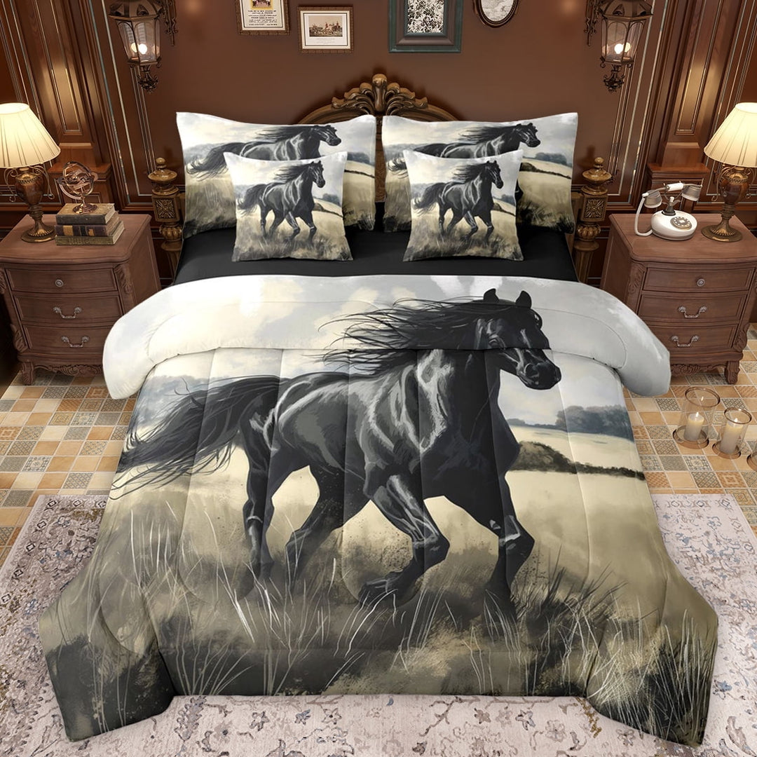 Manfei Country Farm Animal 7 Pieces Bedding Comforter Set,Rustic Farmhouse Cabin Full Bedding Set,Gray Horse Fitted Sheet Flat Sheet For Boys,Luxury Bedroom Decor Reversible