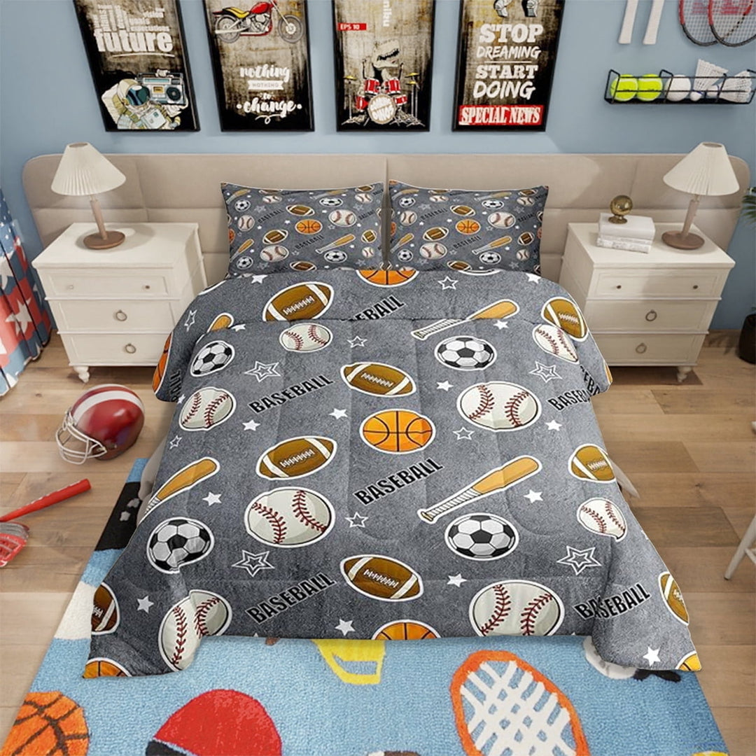 Ball Sports Themed Comforter Set Baseball Bat Soccer and American Football Bedding Set Teens Cartoon Grey Quilt Set Ball Sports Games Duvet Insert Modern Bedroom Decor