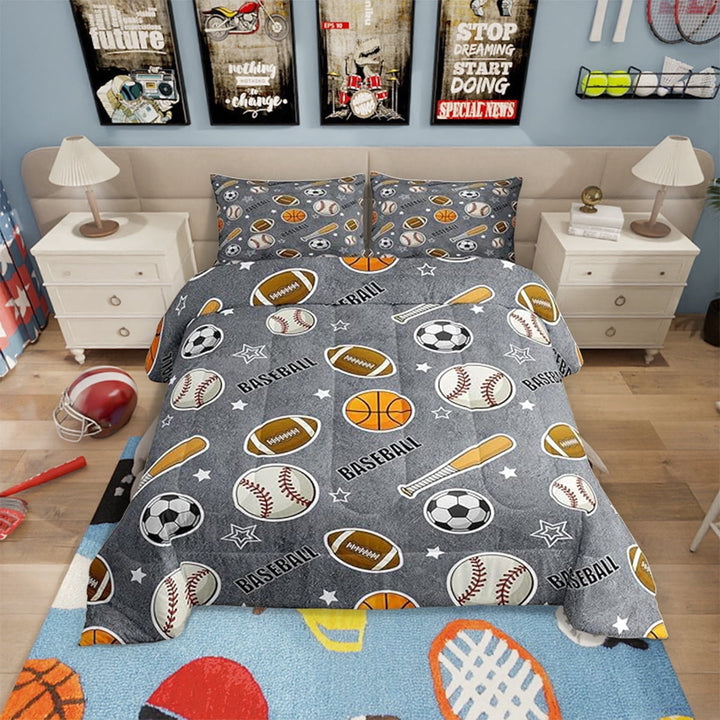 Ball Sports Themed Comforter Set Baseball Bat Soccer and American Football Bedding Set Teens Cartoon Grey Quilt Set Ball Sports Games Duvet Insert Modern Bedroom Decor