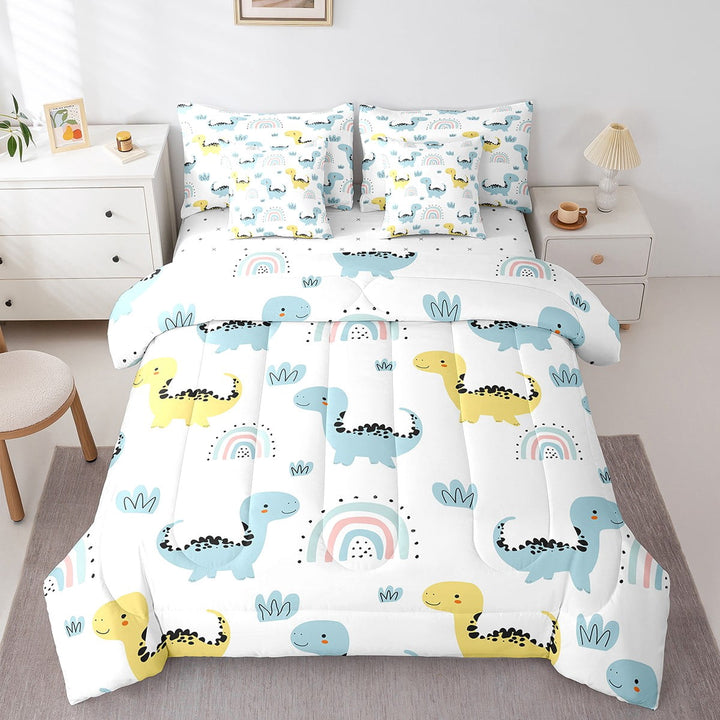 Erosebridal Twin Size Dinosaur Bedding Set 7 Piece Yellow Blue Dino Rainbow Comforter Set,Kawaii Animal Print Bed in a Bag with Fitted Sheet,Flat Sheet,Pillowcases &amp; Shams