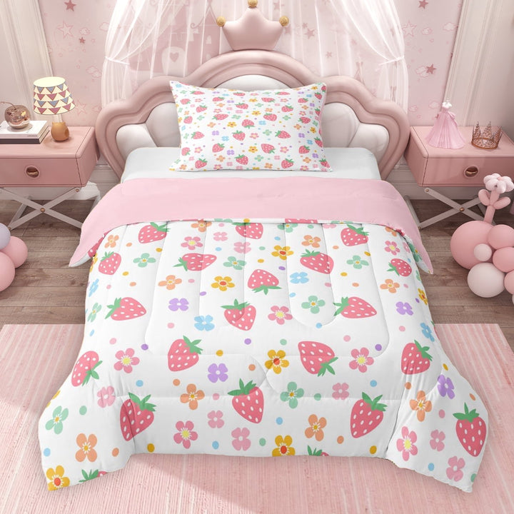 Erosebridal Pink Strawberry Twin Comforter Sets for Girls, Colorful Flower Floral Bedding Set, Pink Reversible 2pcs, 1 Comforter and 1 Pillowcase
