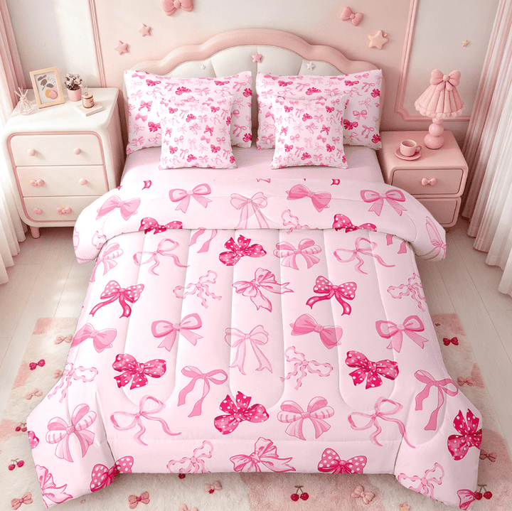 Erosebridal Cute Bowknot Bedding Twin Size,Ribbon Bowtie Comforter Sets with Sheets,Pink Dot Print Bedding Sets Twin Size For Girls,Ultra Soft Bedroom Decoration Reversible,7pcs