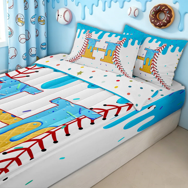 meiyoeat Drip Ice Cream Letter H Zipper Full Size Comforter Sets with Fitted Sheet and 2 Pillowcases for Kids Girls, Sprinkle Baseball Zipper Bedding Set, Blue Yellow, Polkadot Reversible, 4pcs