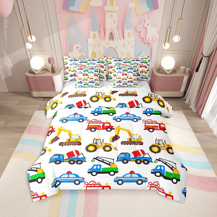 Cute Excavator Twin Bedding Sets,Cartoon Truck Tractor Comforter Set,Kawaii Car Vans Printed (Comforter+Fitted+Flat Sheet+2 Pillowcases+2 Throw Comforter Sets) 7 Pieces Bed Set