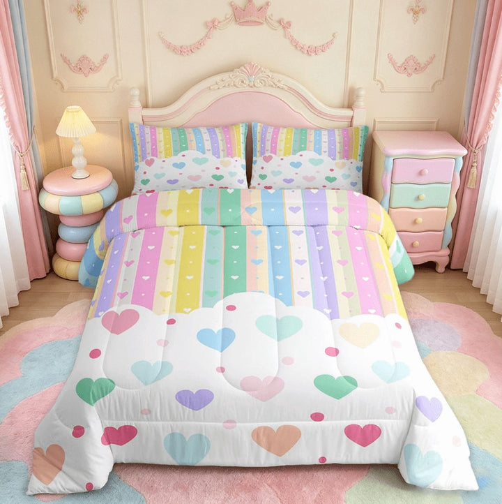 Manfei Pretty Rainbow Full Size Comforter Sets For Kids Girls, Colorful Love Heart Bedding Sets 3-Piece