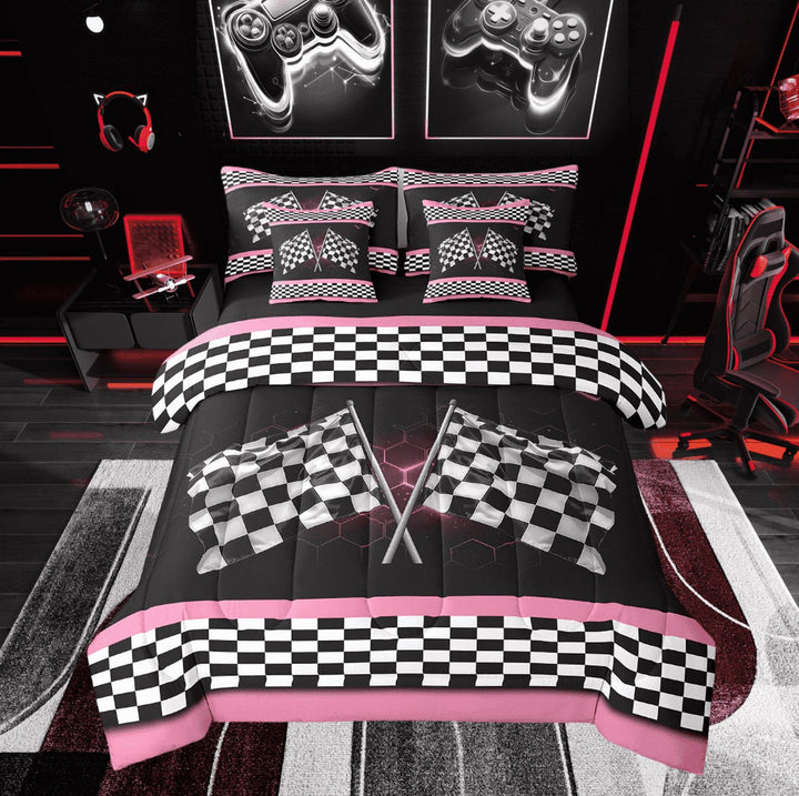 Erosebridal Pink Stripes Geometric Bedding Twin Size, Race Car Bedding Sets Twin Size, Sports Theme Decor, Reversible