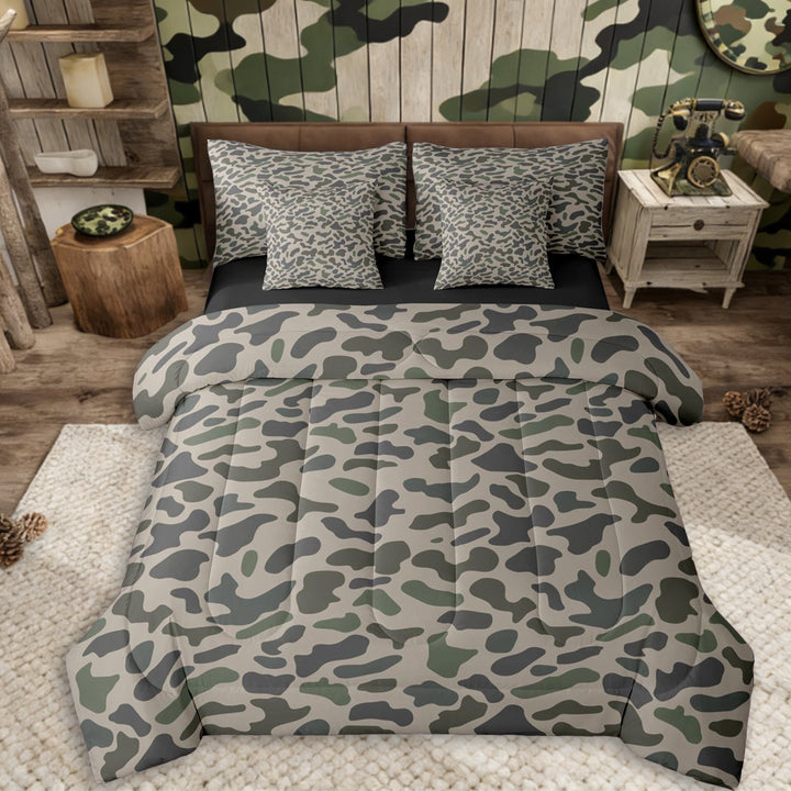 Erosebridal Green Grey Camo Bedding Comforter Set 7pcs For Adults Boys Girls,Teens Abstract Geometric Camouflage Queen Bedding Sets,Black Reversible