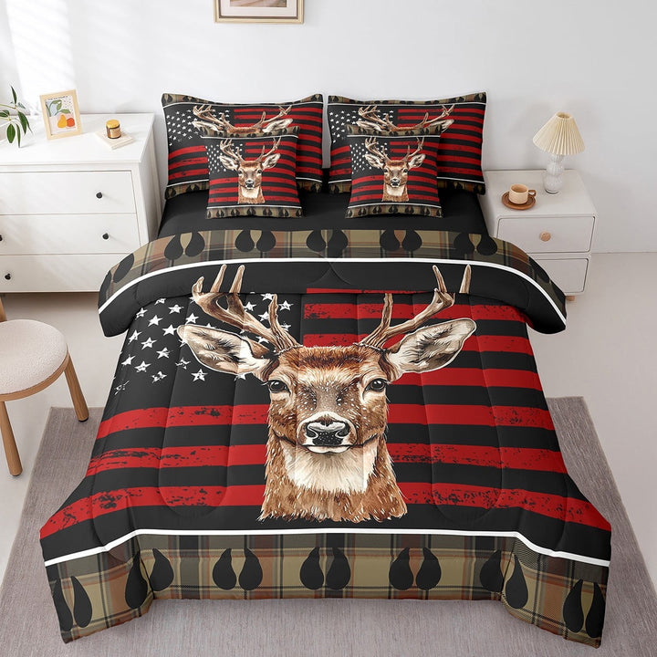 Rustic Deer King Comforter Set 7 Piece Red Black American Flag Hunting Bedding Set Farmhouse Buffalo Plaid Wildlife Bed In A Bag Adults,Country Woodland Animal Sheet Set With Comforter