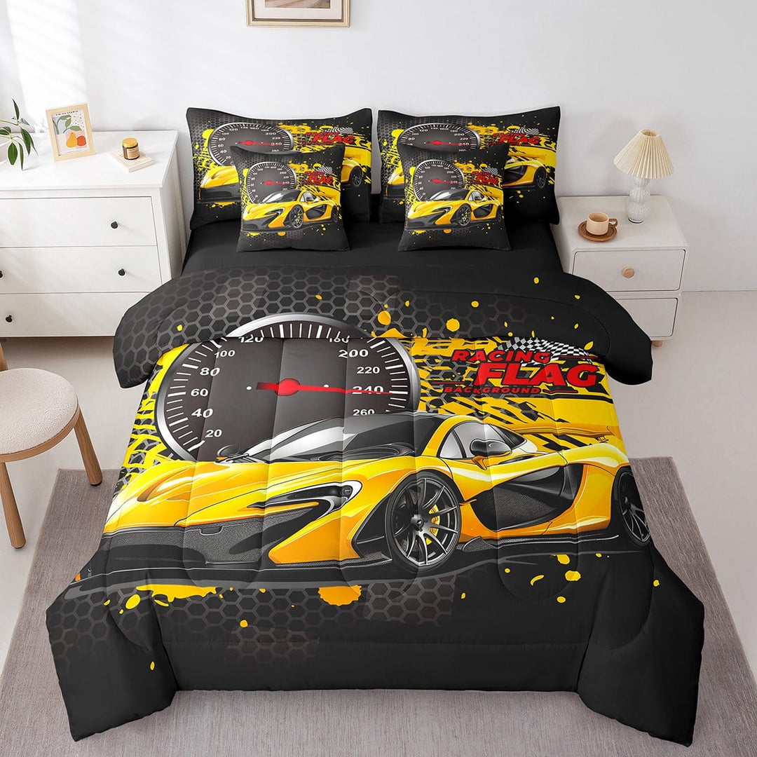 Erosebridal Golden Race Car Bedding Sets Twin Size,Extreme Sports Comforter Sets With Sheets,Geometric Room Decorative,Reversible,Breathable,7Pcs