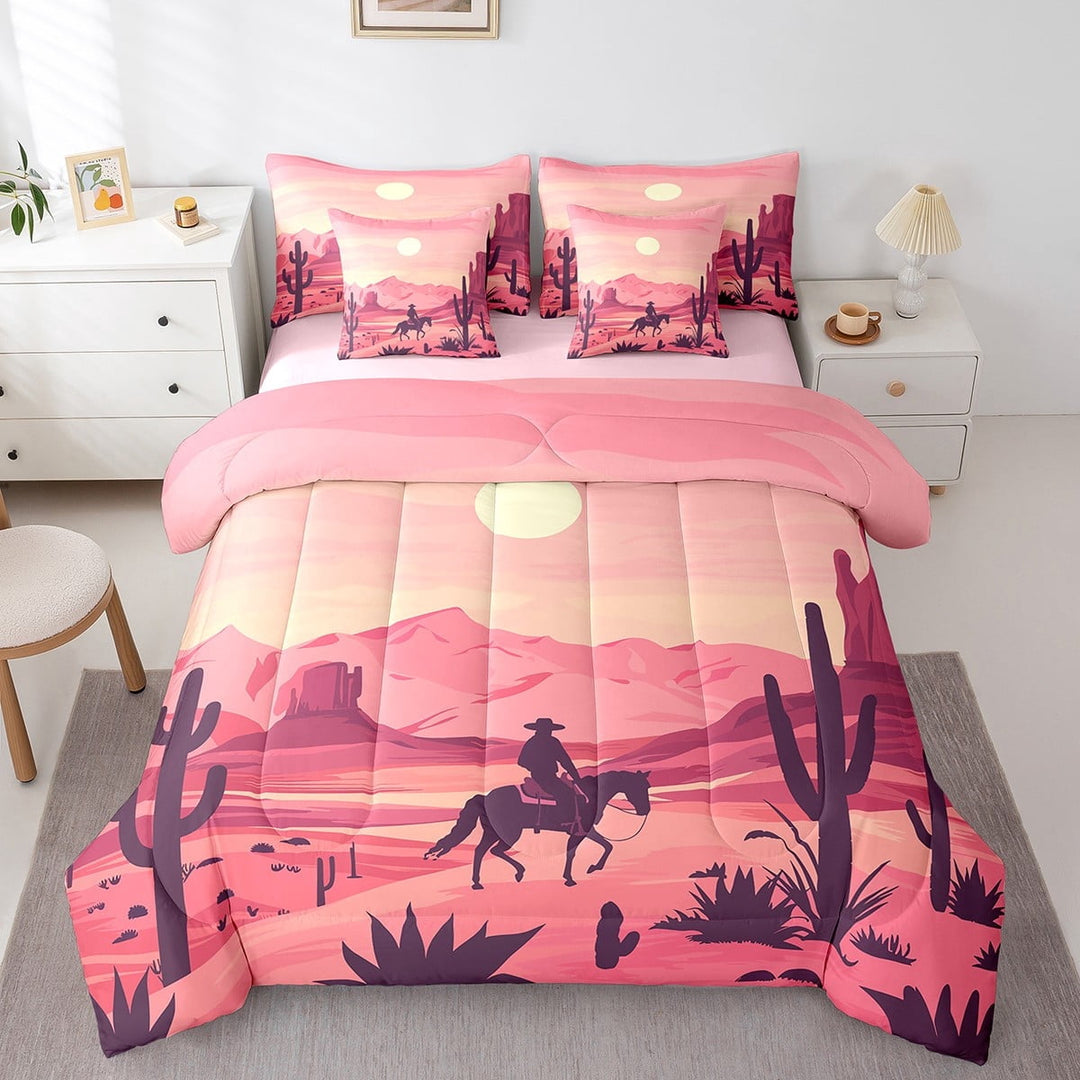 7 Piece Pink Western Style Twin Comforter Set,Cowgirl Cowboy Horse Bedding Set,Rustic West Bed Set Cactus Mountain Bed in a Bag with Fitted Sheet,Flat Sheet