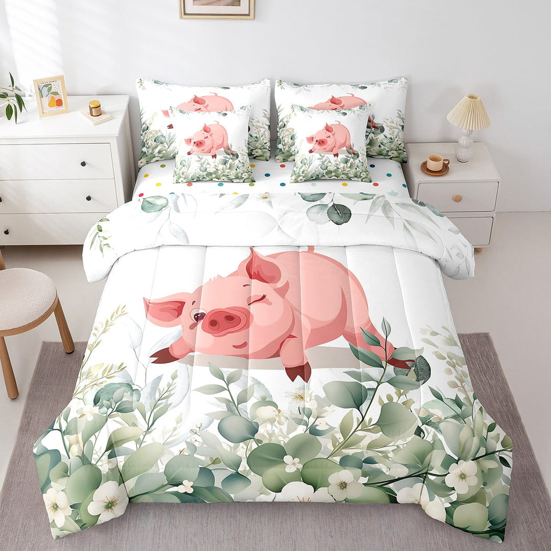 7-Piece Kawaii Animal Bedding Twin Cute Pig Comforter Set, Cartoon Wildlife Bedding Comforter Sets Green Leaf Bed in a Bag, Spring Garden Plant Bedding Accessories Bedroom Decor