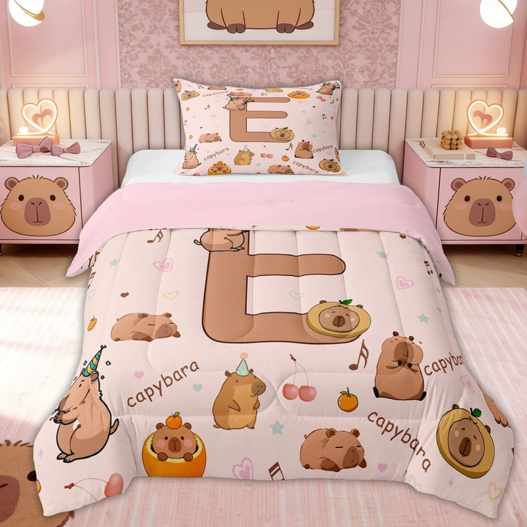 Erosebridal Kids Brown Capybara Twin Comforter Sets, Initial Letter E Bedding Set, 2-Piece, Pink Reversible
