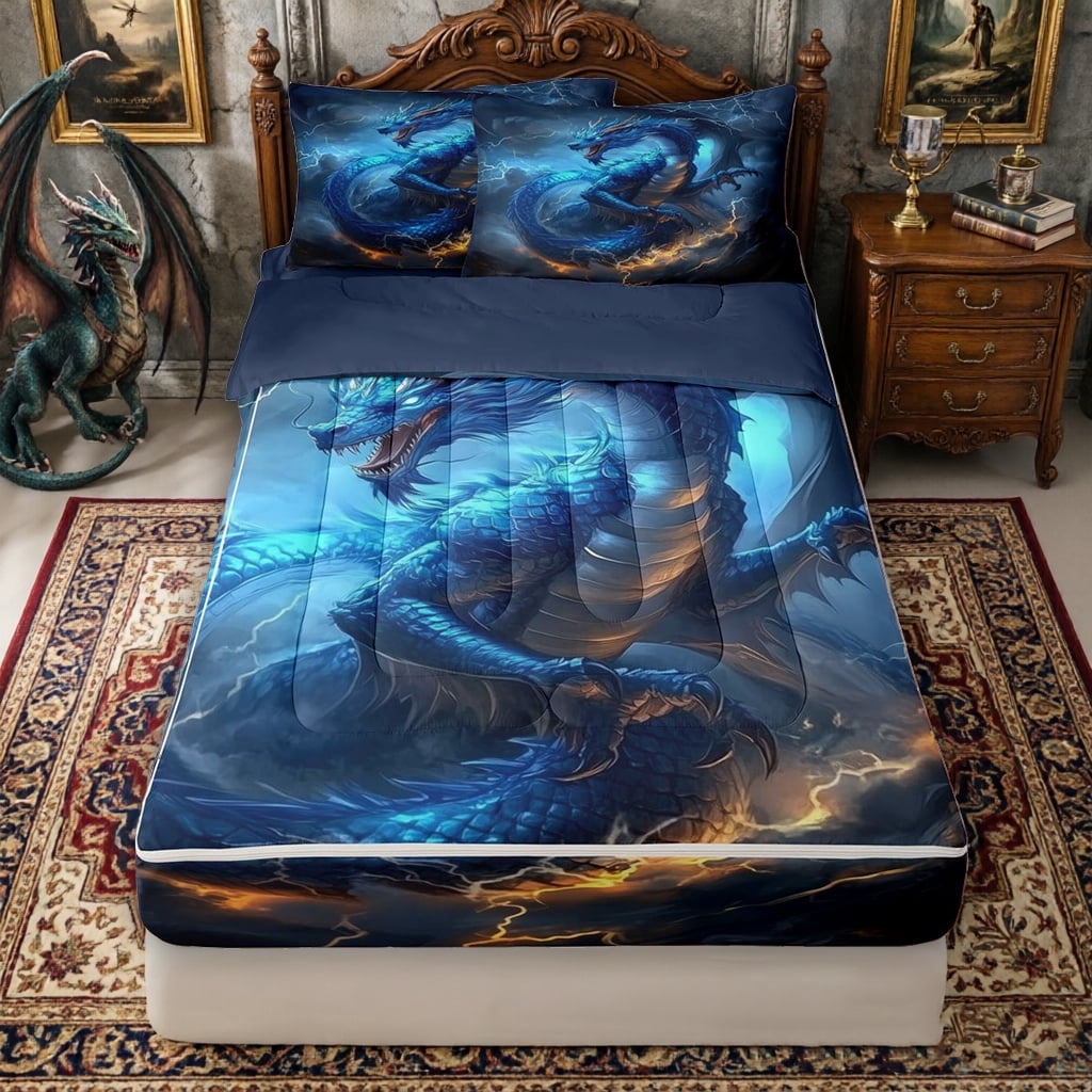 Erosebridal Thunder Blue Western Dragon Zipper Queen Comforter Set with Fitted Sheet and 2 Pillowcases for Boys, Storm Mystic Lightning Zipper Bedding Set, Navy Reversible, 4 Pieces
