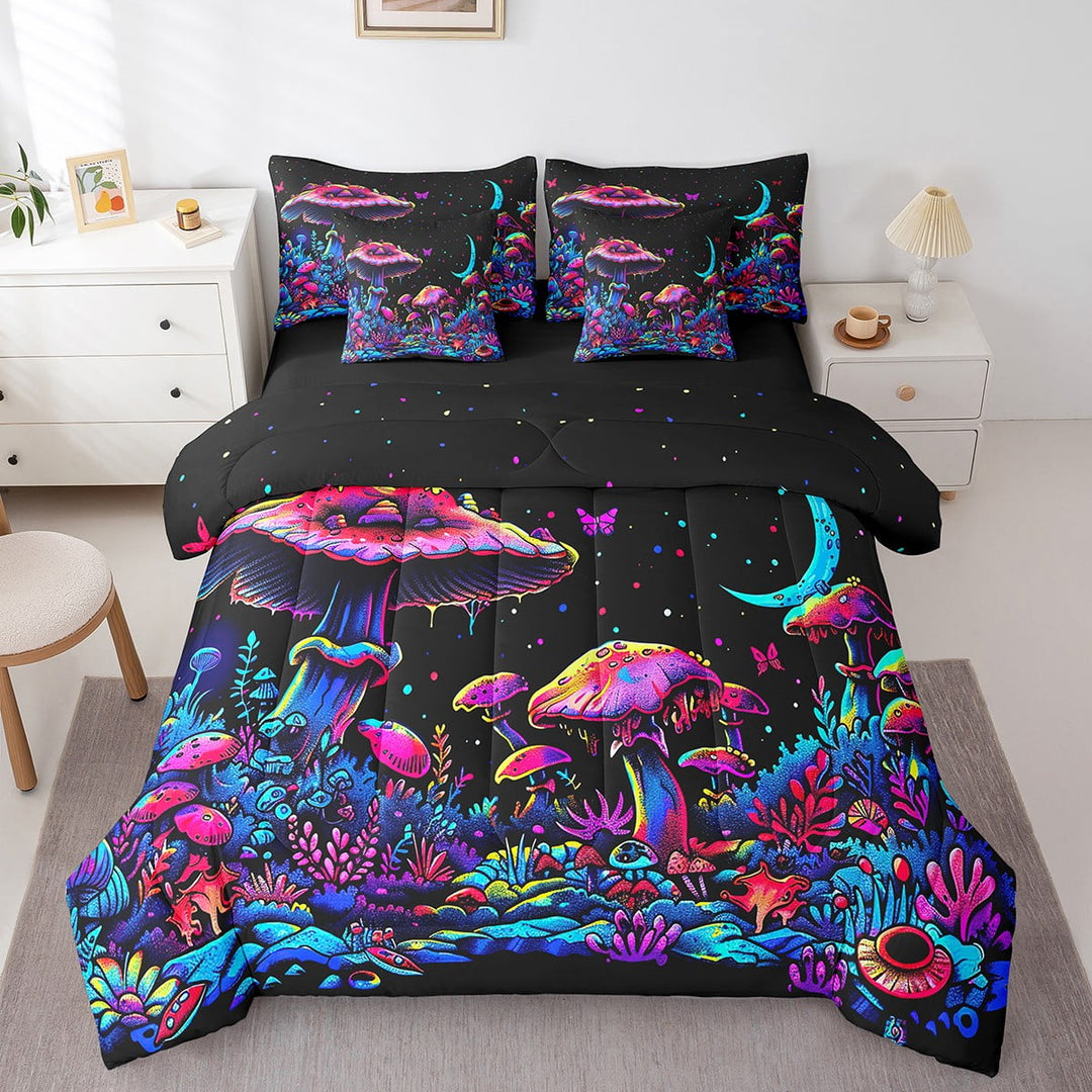 Gothic Mushroom Bed in a Bag King Size Comforter Set 7 Pieces,Hippie Graffiti Art Bedding Sets Galaxy Moon Sheet Set with Comforter Goth Rainbow Stars Butterfly Room Decor
