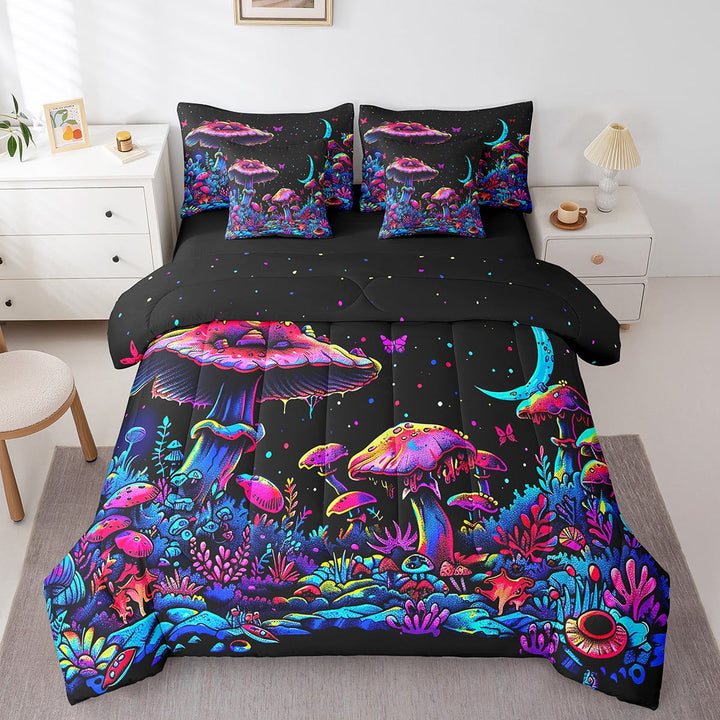 Gothic Mushroom Bed in a Bag King Size Comforter Set 7 Pieces,Hippie Graffiti Art Bedding Sets Galaxy Moon Sheet Set with Comforter Goth Rainbow Stars Butterfly Room Decor