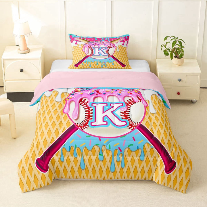 Erosebridal Girls K Letter Monogrammed Ice Cream Drip Dessert Twin Comforter Sets 3-Piece,Sport Theme Baseball Bedding Set For Boys Teens,Pink Reversible