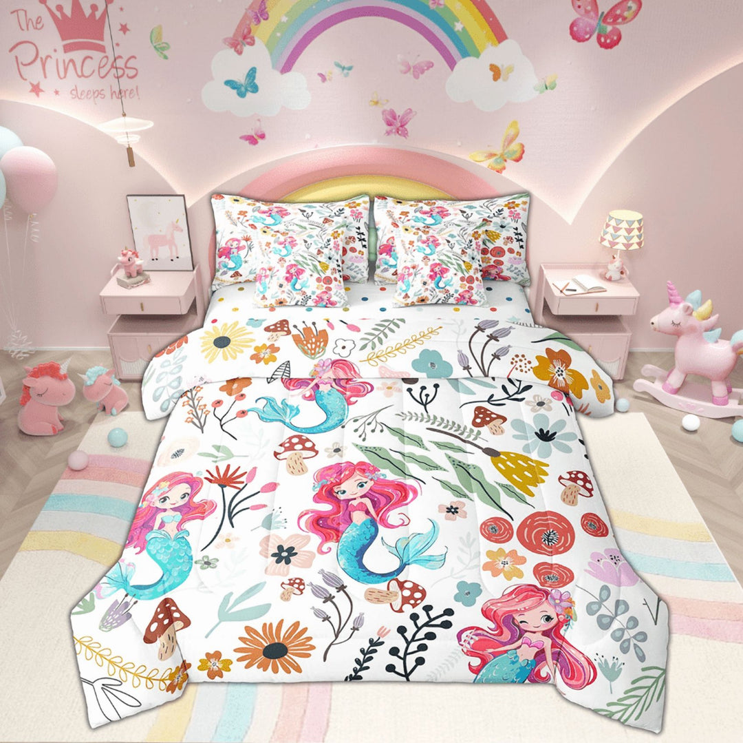 Cute Mermaid Comforter Set 7 Piece Bed in a Bag Twin,Mushroom Floral Cartoon Animal Bedding Sets Watercolor Flowers Leaves Sheet Set with Comforter