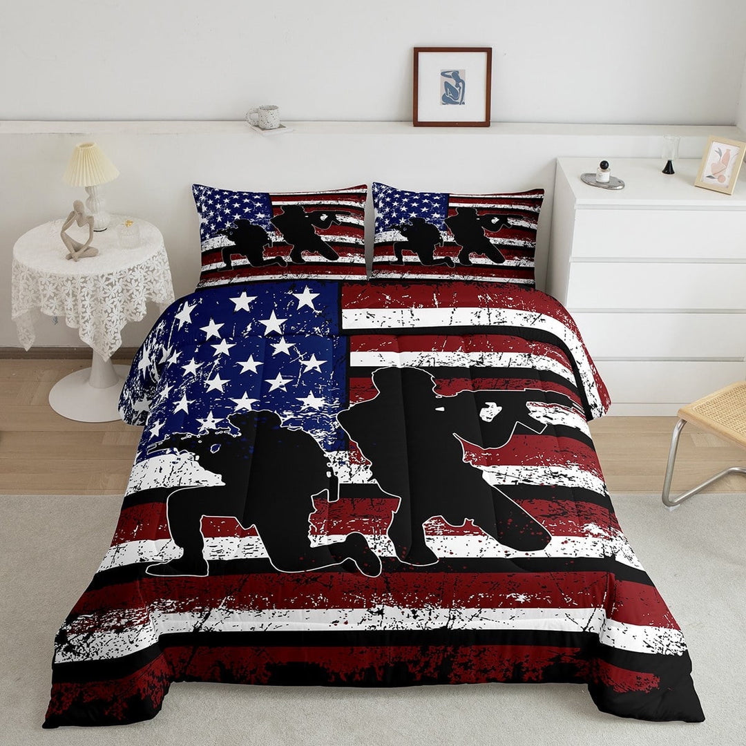 American Flag Comforter Set Teen Bedding Vintage Army Soldier Silhouette Bedding Sets Full, Military force Comforter for Youth Young Man Grunge Stars and Stripes Duvet Insert with 2 Pillowcases