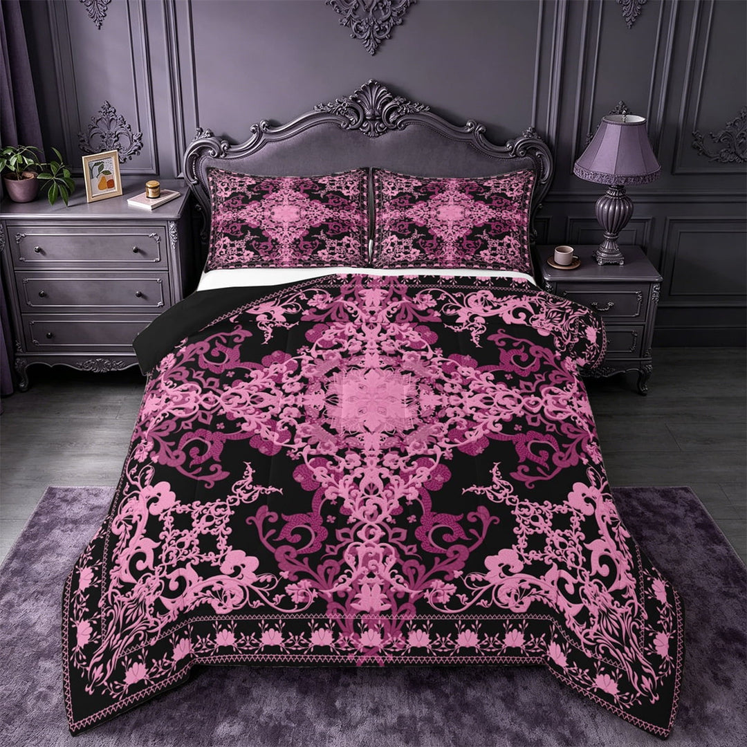 Erosebridal Bohemian Exotic Damask Print Queen Comforter Set,Boho Exotic Style Bedding Comforter Set For Adult,Reversible black,3 Pieces