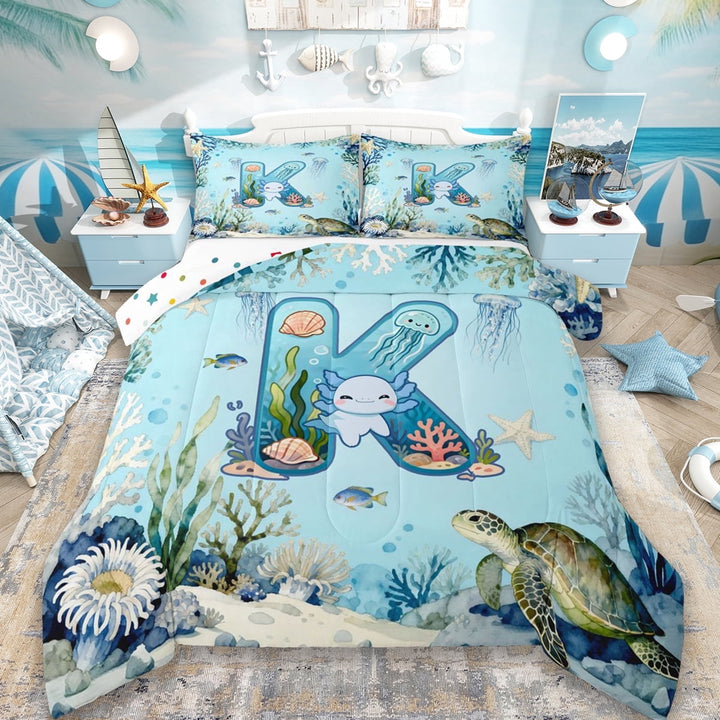 Erosebridal Ocean Style Kids Full Size Comforter Sets,Cartoon Animal Monogrammed K Bedding Sets For Kids,Reversible 3pcs