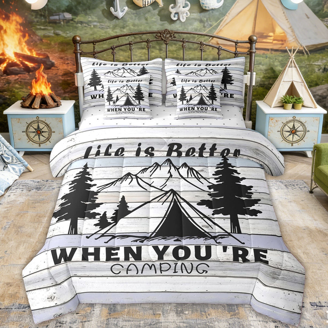 Erosebridal Black Tent Mountain Camping Twin Bedding Sets, Wood Grain Quote Bedding Comforter Set for Men and Women, 7pcs