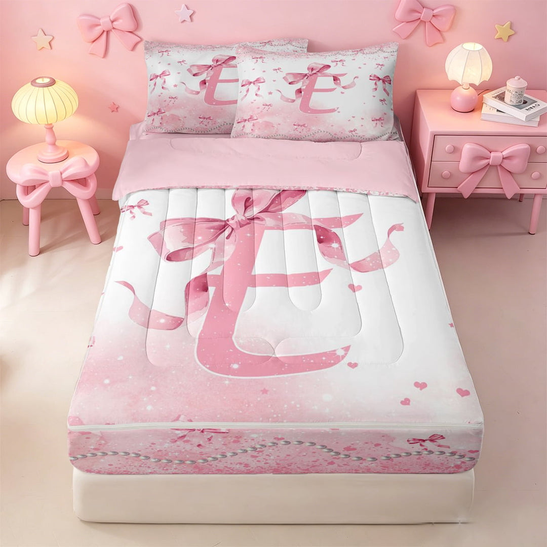 meiyoeat Pink Sequin Print Initial E Zipper Full Size Comforter Sets with Fitted Sheet and 2 Pillowcases,Pearl Bow Monogram Art Zipper Bedding Set For Girl,Pink Reversible,4 Pieces