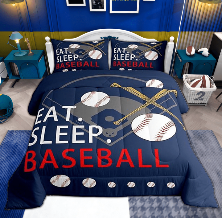 Erosebridal Baseball Gaming Coverlet Set Full Size Navy Blue Comforter Set Teens Bedroom Decor Softball Comforter Women Men Ball Games Quilt Set