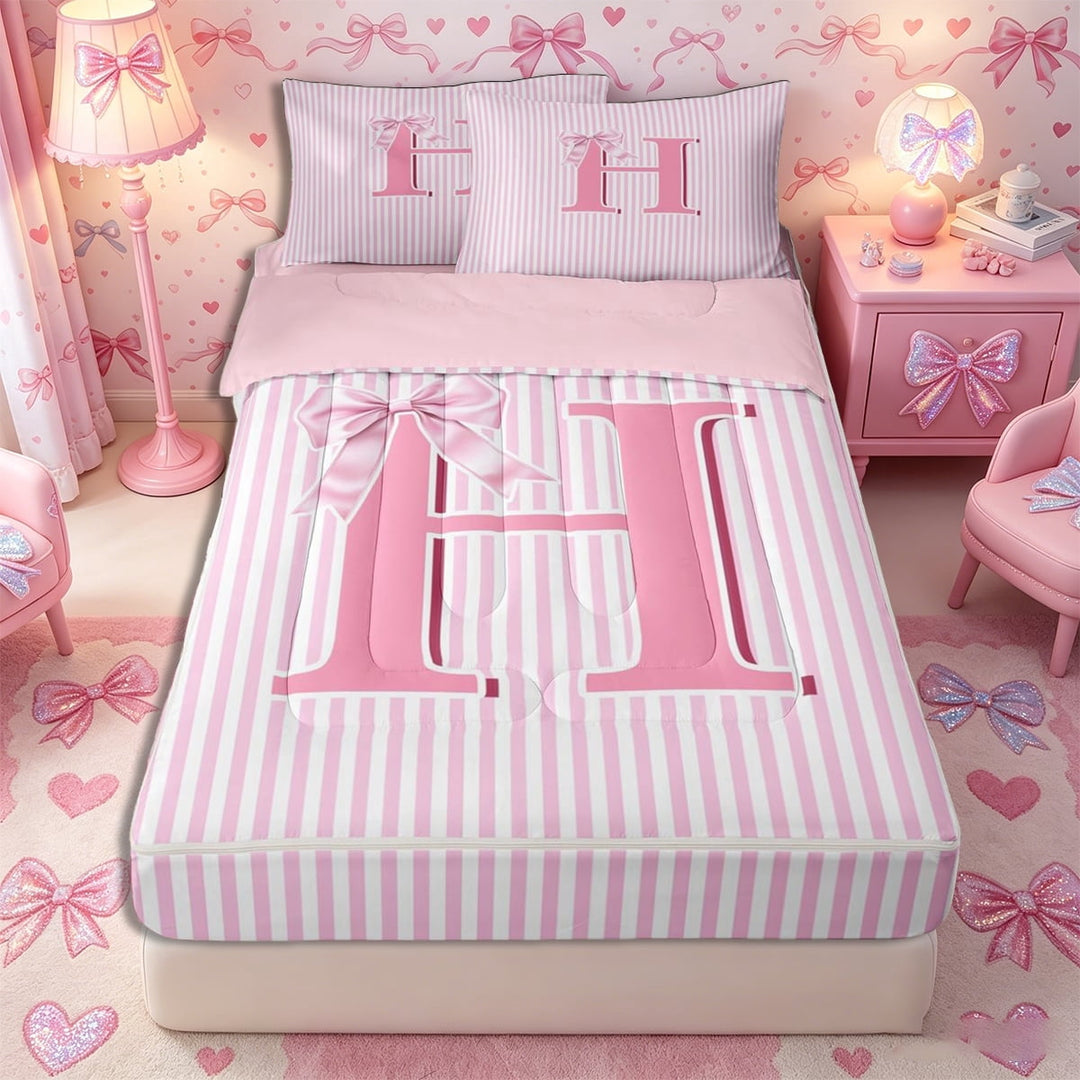 Meiyoeat Lovely Bow Letter H Zipper Twin Comforter Sets with Fitted Sheet and 2 Pillowcases for Girls Adults, Gentle Stripe Zipper Bedding Set for Decor, Light Pink White,4-Piece,Pink Reversible