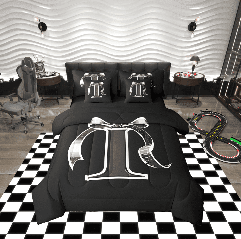 Erosebridal Initial Letter I Bed in a Bag Twin size, Black Gray Bed Set, Kawaii Bow-tie Reversible Bedding Twin Size, Lightweight Room Decorative, 7pcs