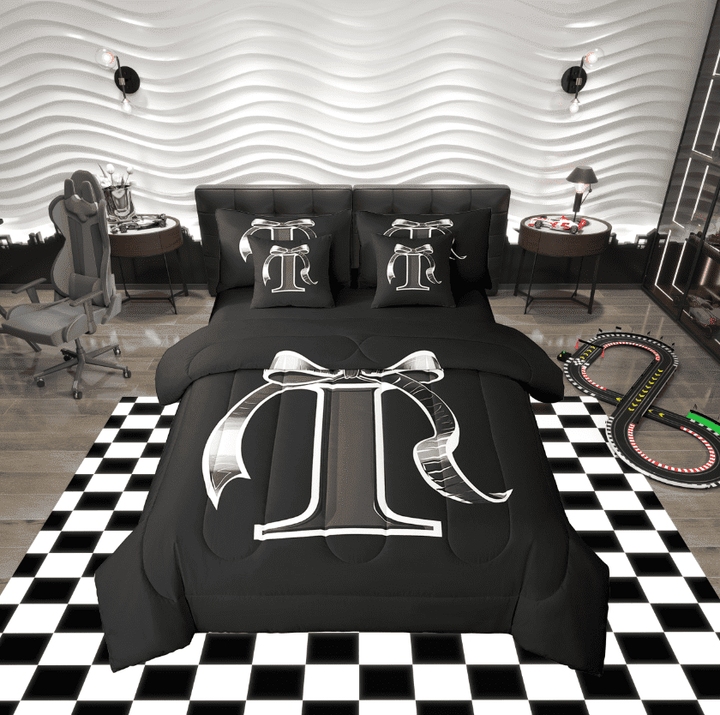 Erosebridal Initial Letter I Bed in a Bag Twin size, Black Gray Bed Set, Kawaii Bow-tie Reversible Bedding Twin Size, Lightweight Room Decorative, 7pcs