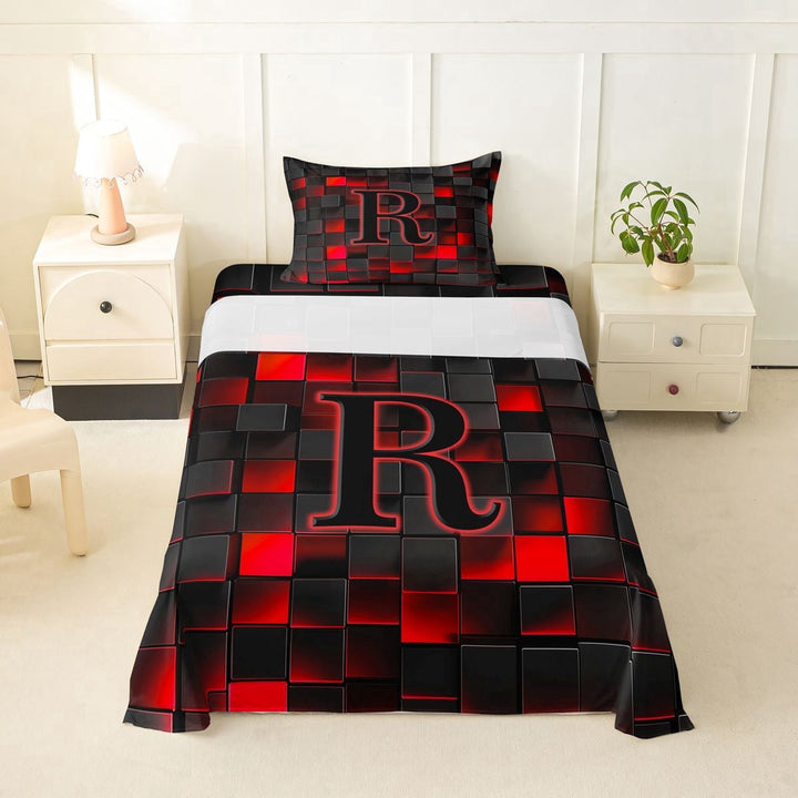 Erosebridal Girls Boys Neon Lights Futuristic Cubes Twin Sheet Sets 3pcs,R Letter Monogrammed Black Red Bedding For Kids Teens