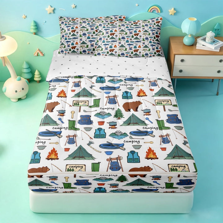 meiyoeat Outdoor Camping Zipper Twin Comforter Sets with Fitted Sheet and 2 Pillowcases,Tent Bear Pattern Zipper Bedding Set For Boys,Multicolor,Reversible,4 Pieces
