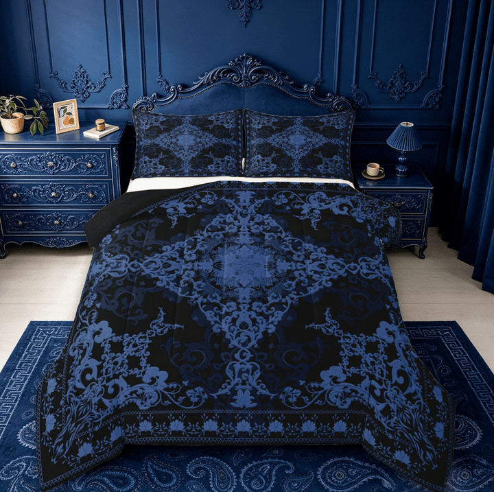 Erosebridal Damask Baroque Floral Queen Comforter Set For Adult,Vintage Gothic Theme Bedding Comforter Set,Reversible black,3 Pieces