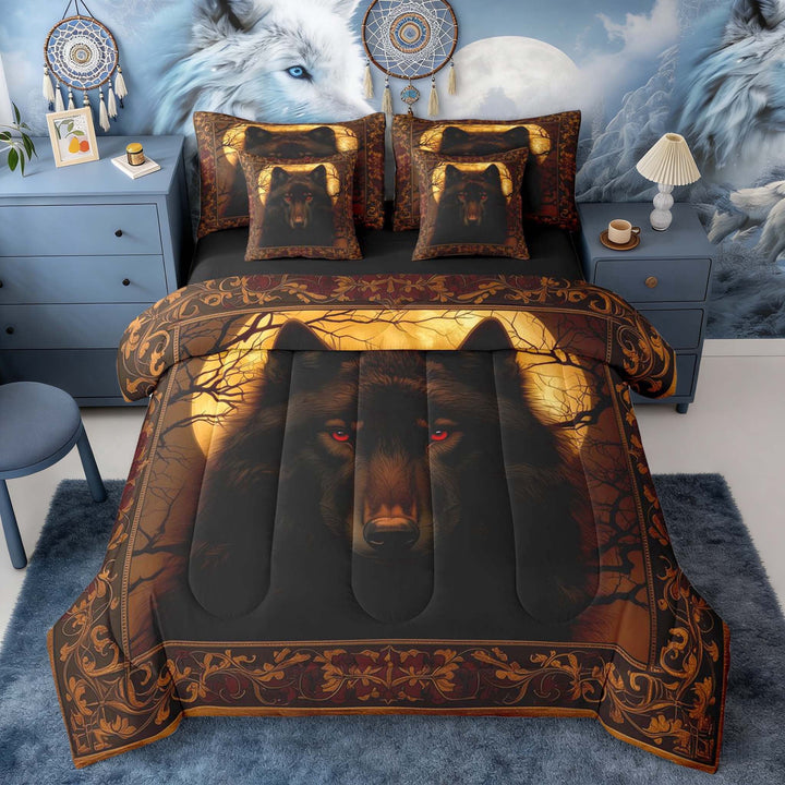 Erosebridal Black Wolf Ornate Frame Moon Print Twin Bedding Sets, Gothic Wildlife Bedding Comforter Set for Men and Women, Black Reversible 7-Piece