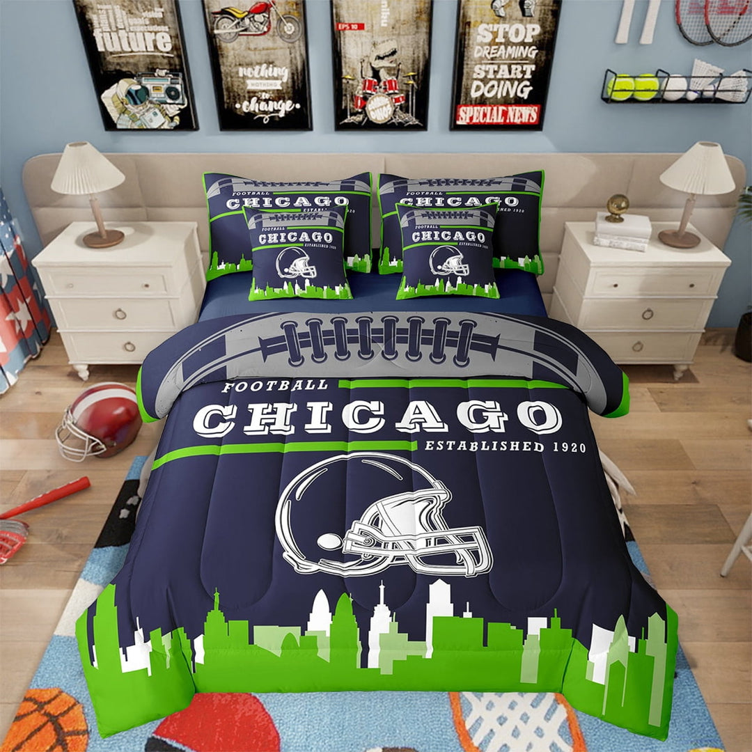 Football Bed in a Bag Full 7 Piece,Sports Bedding Sets,American Football Fans Comforter Set with Sheets Rugby Player Navy Blue Green Bed Set Football Lovers Sheets (Chicago)