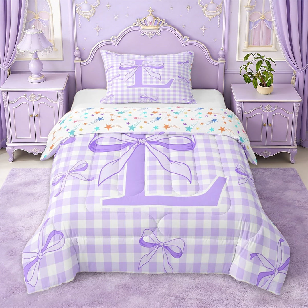 Erosebridal Letter L Monogrammed Twin Comforter Sets,Purple Chic Bow Bedding Set For Kids Girls,Colorful Stars Reversible,2-Piece