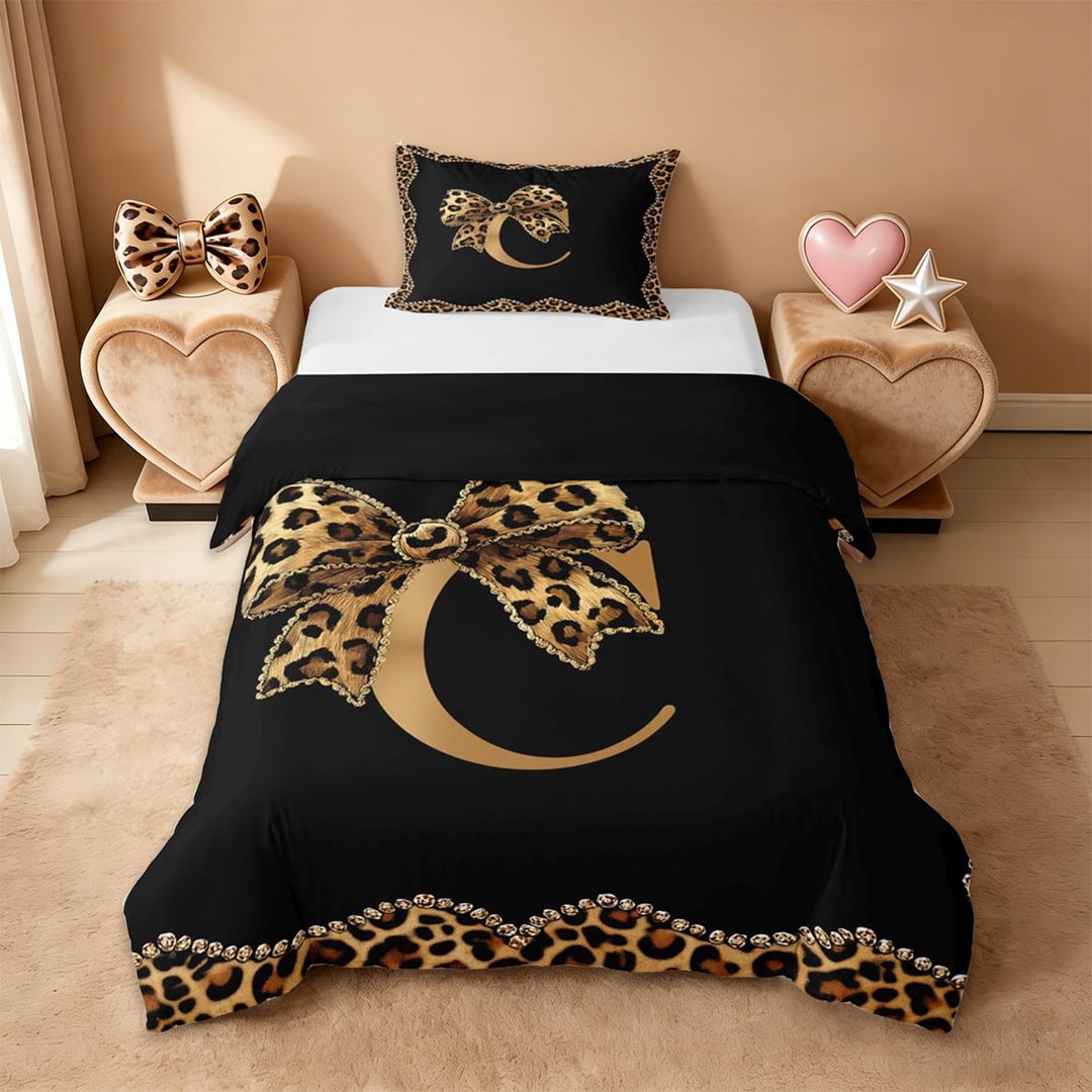 Erosebridal Cheetah Print Bowtie Twin Bedding For Women Girls,Letter C Monogrammed Duvet Cover Set For Kids,Reversible black,2-Piece(No Comforter)