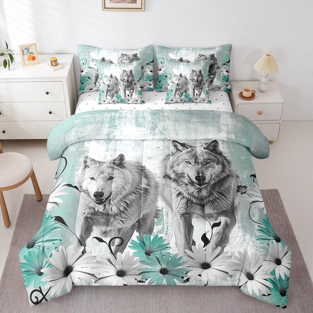 Erosebridal Hunting Wolf Comforter Set Queen 7 Piece Safari Wild Animals Bed in a Bag Western Home Decor,Rustic Daisy Flower Teal Ombre Bedding Set with 2 Sheets,2 Pillowcases,2 Throw Pillow Covers