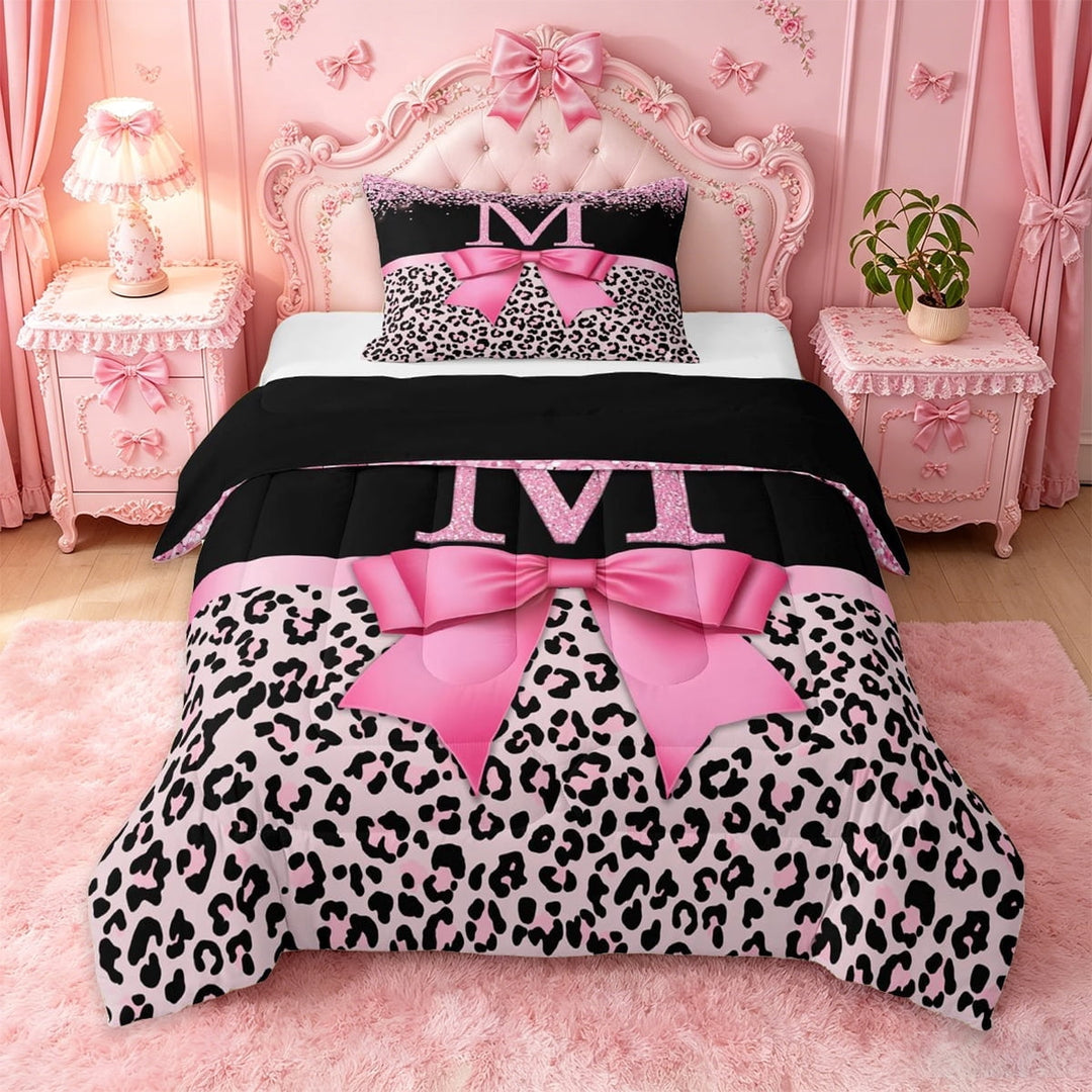 Erosebridal Leopard Print Personalized Gifts Twin Comforter Sets,Cute Bow Theme Alphabet M Bedding Set For Adult Women,Black Reversible,2 Pieces
