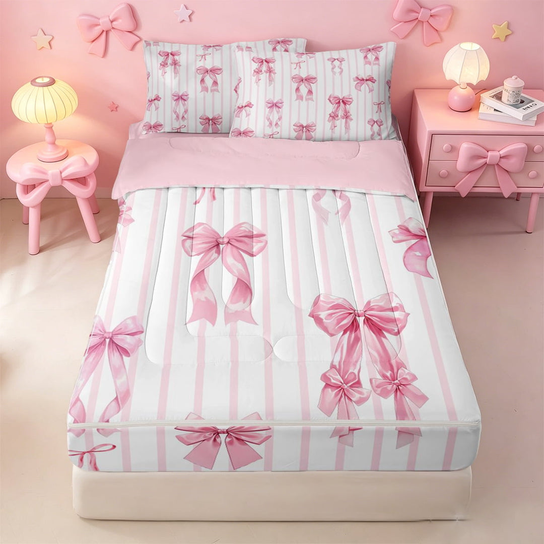 meiyoeat Pink Ribbon Bowknots Zipper Full Size Comforter Sets with Fitted Sheet and 2 Pillowcases For Girls,Modern Geometric Lines Art Zipper Bedding Set For Kids,Pink Reversible,4-Piece