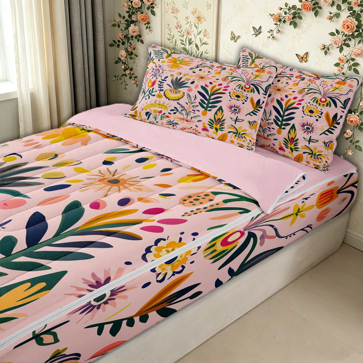 meiyoeat Tropical Flower Zipper Full Size Comforter Sets with Fitted Sheet and 2 Pillowcases for Kids Girls, Whimsical Plant Zipper Bedding Set for Bedroom, Pink, Pink ReversibleG