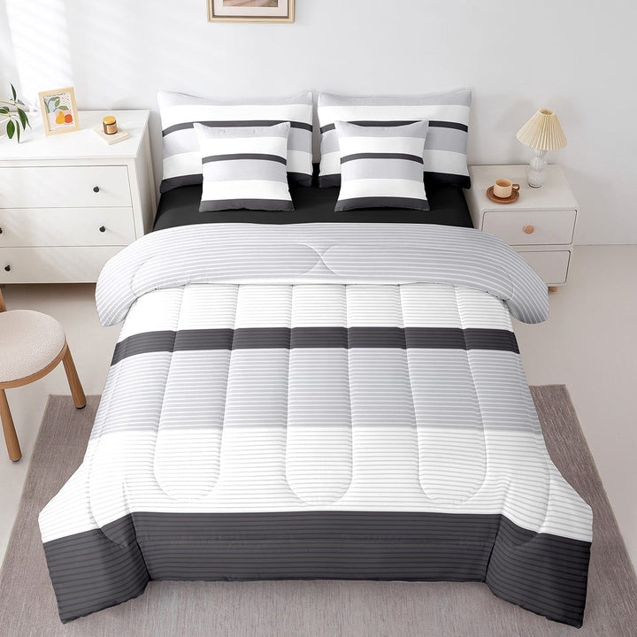 Erosebridal White Stripes Bedding Sets Twin Size,Geometric Lines Comforter Sets with Sheets,Geometric Theme Bed in a Bag Twin size,Ultra Soft Abstract Room Decor,Reversible,7pcs