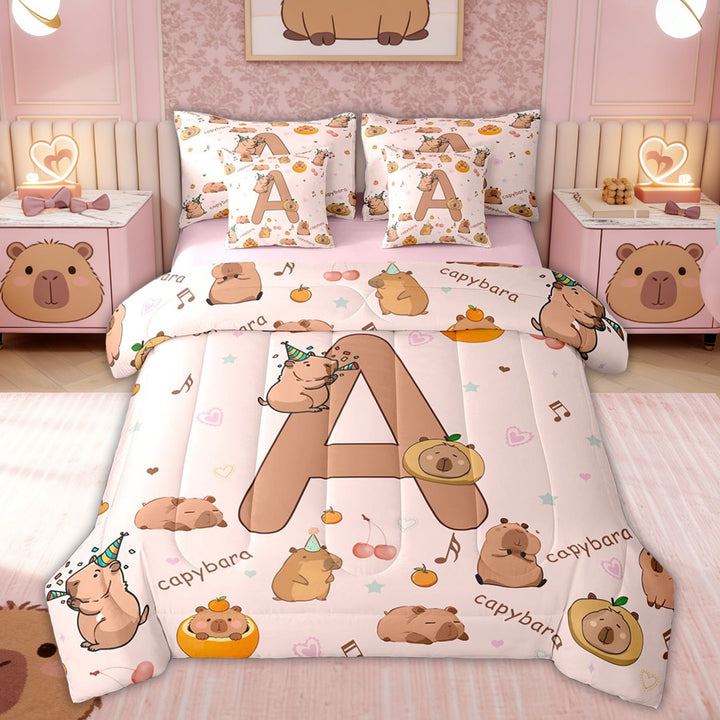 Erosebridal Kids Brown Capybara Twin Bedding Sets, Initial A Letter Bedding Comforter Set, Pink Reversible, 7 Pieces