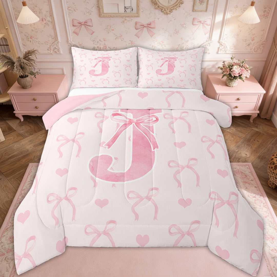 Erosebridal Pink Bow Tie Bedding Full Comforter Set, Initial J Letter Down Comforter, Cute Catoon Decor, Reversible 3-Piece