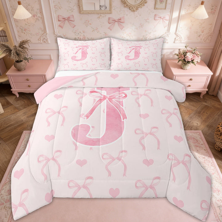 Erosebridal Pink Bow Tie Bedding Full Comforter Set, Initial J Letter Down Comforter, Cute Catoon Decor, Reversible 3-Piece